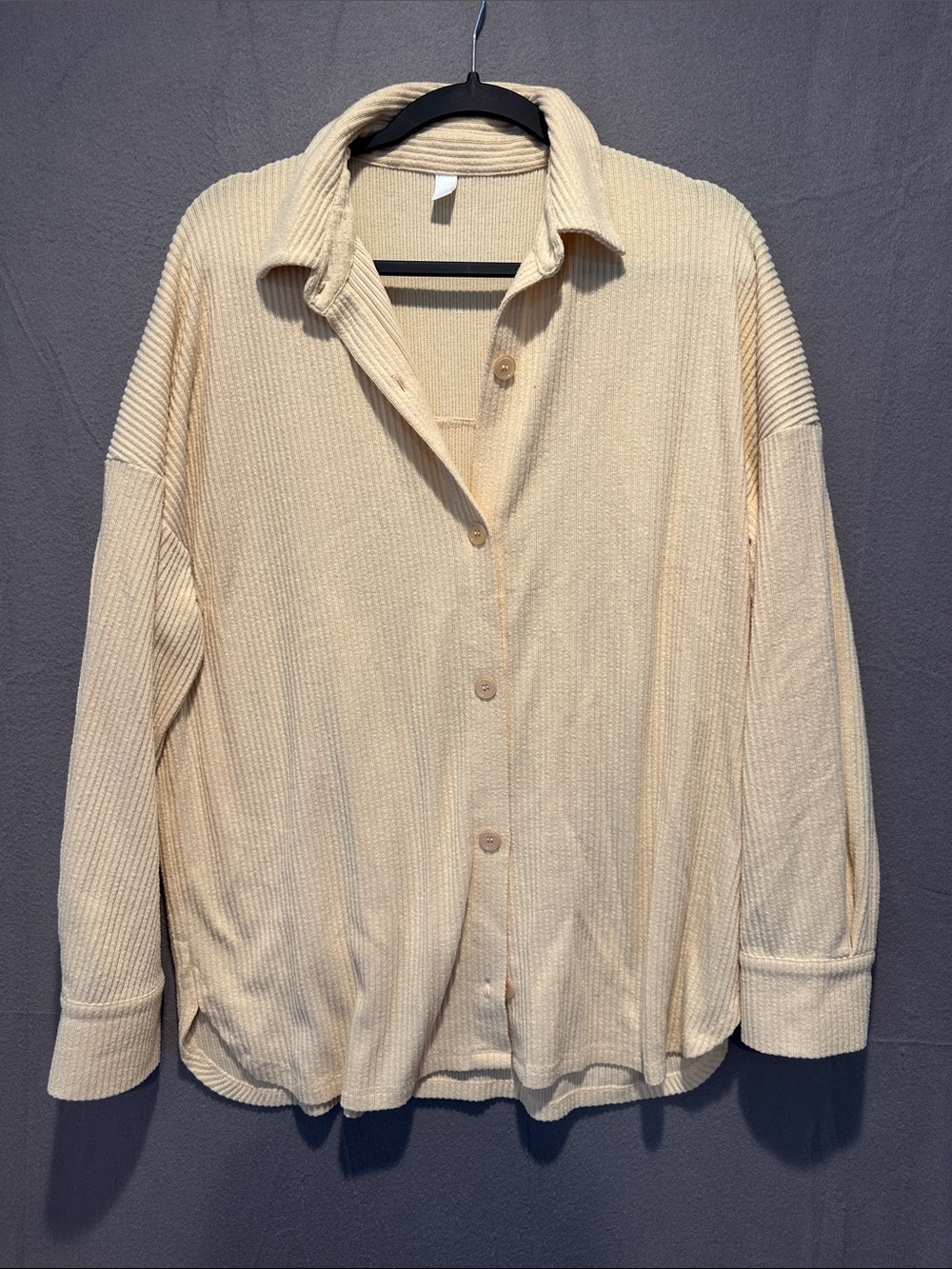 Beige Ribbed Button-Up Knit Shirt with Subtle Logo Tag
